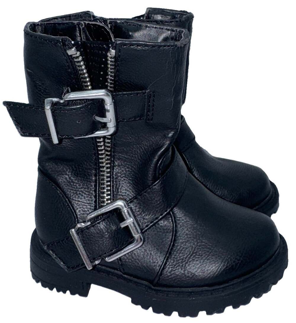 Girls Black Moto Biker Boots Toddler Size 5 Double Buckle Side Zip Combat